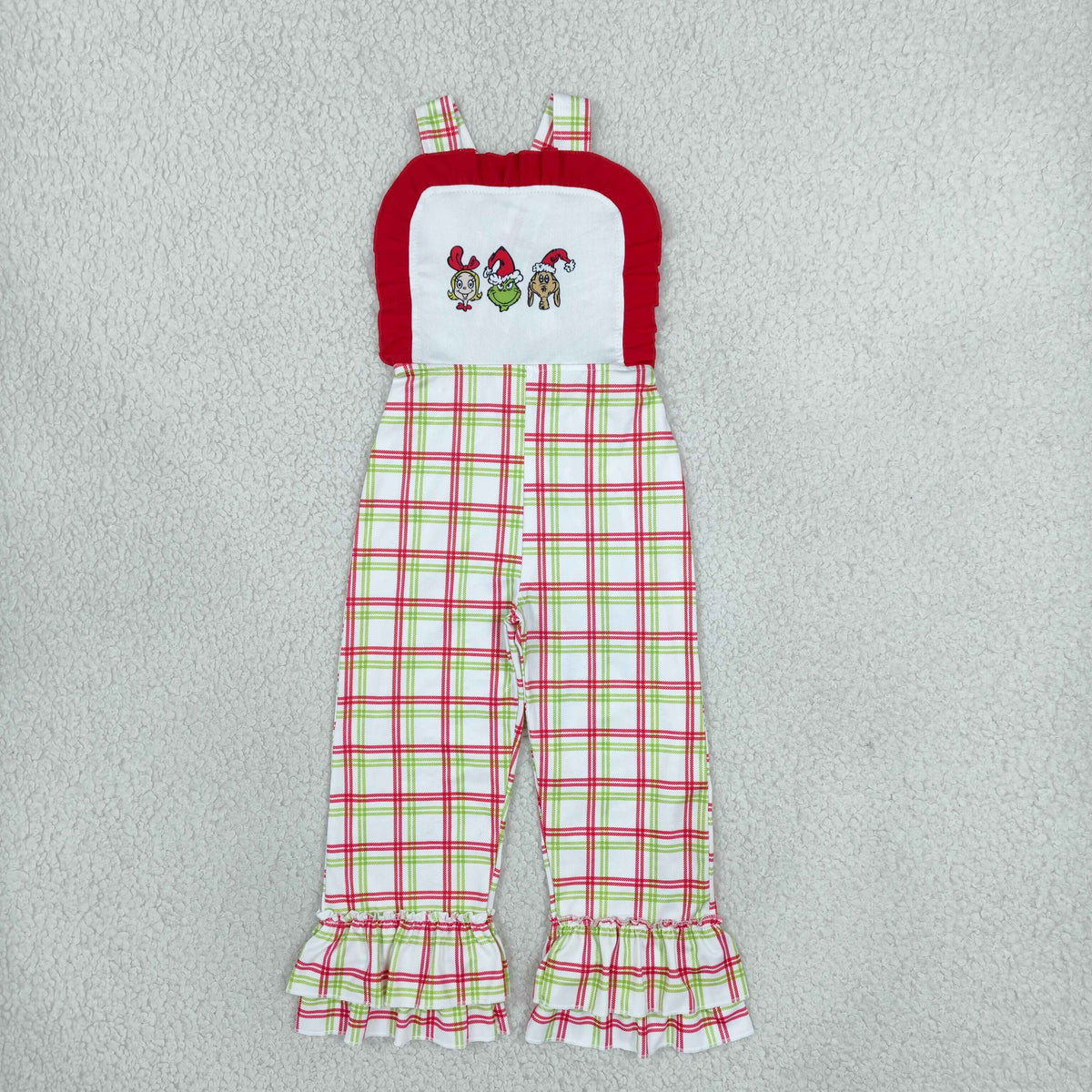 NO MOQ RTS SR4282 Baby Girl Clothes Christmas Cartoon Embroidery Plaid Ruffle Suspender Overall 202610