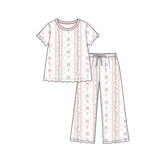 Preorder (moq 5) Baby Girl Clothes Pink Bow Floral Lattice Mixed Print Short Sleeve Pajama Pant Set
