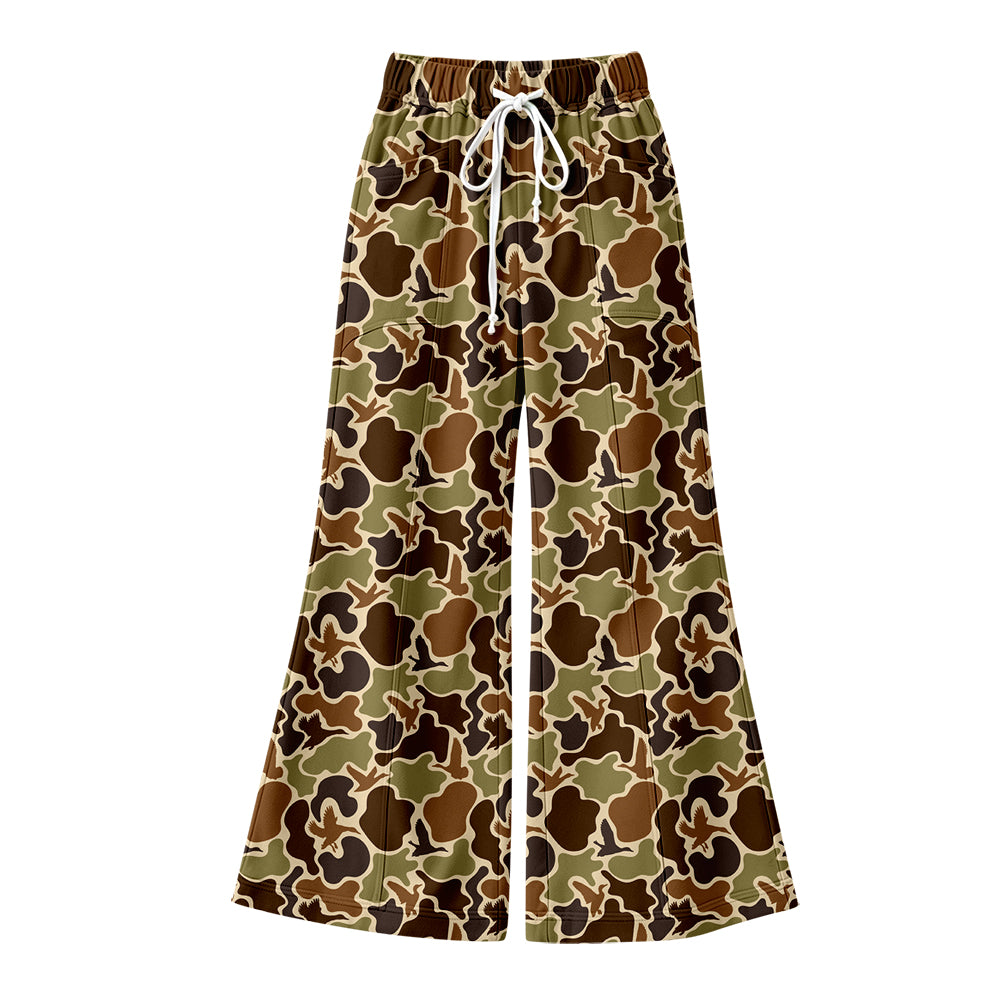 Preorder (moq 5) Baby Girl Clothes Green Duck Camo Allover Print Flare Wide Leg Pants