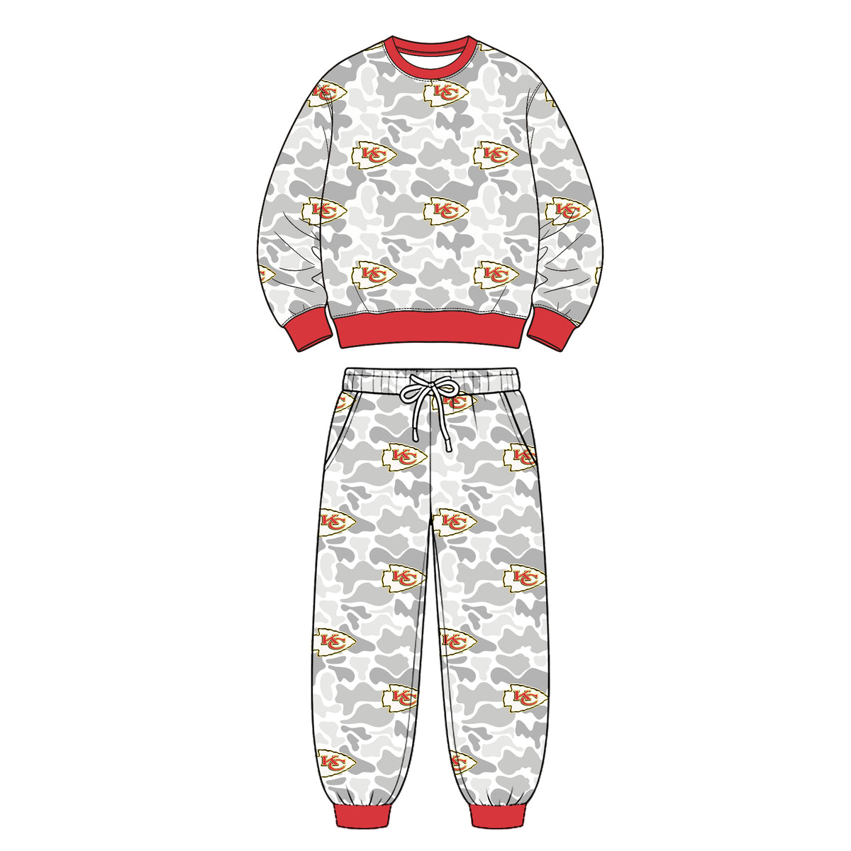 Preorder (moq 5) Chiefs Baby Clothes Grey Camo Logo Mixed Print Long Sleeve Sweatshirt Jogger Pants Outfit Set