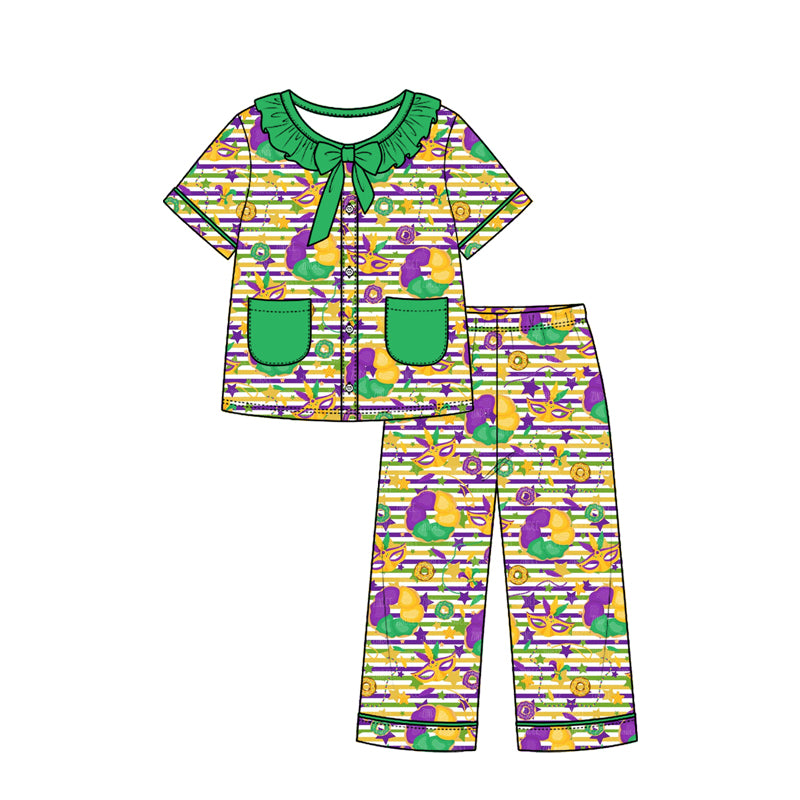 Preorder (moq 5) Girls Mardi Gras Pajamas Striped Mask King Cake Print Ruffle Collar Bow Short Sleeve Top Long Pants Set