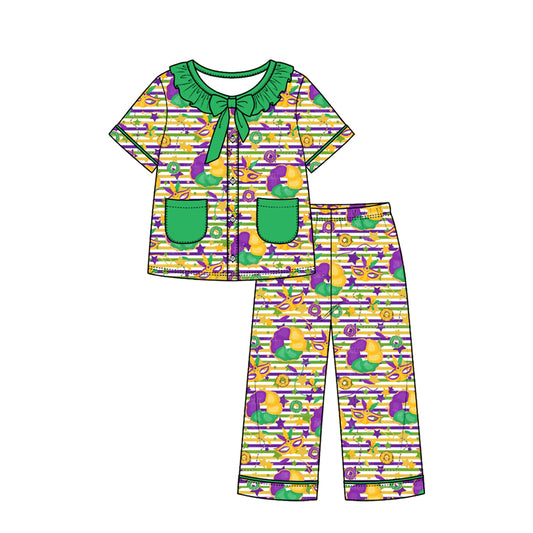 Preorder (moq 5) Girls Mardi Gras Pajamas Striped Mask King Cake Print Ruffle Collar Bow Short Sleeve Top Long Pants Set