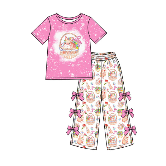 Preorder (moq 5) Baby Girl Clothes Easter Bunny Flower Basket Mixed Print Short Sleeve Bow Wide Leg Pant Set
