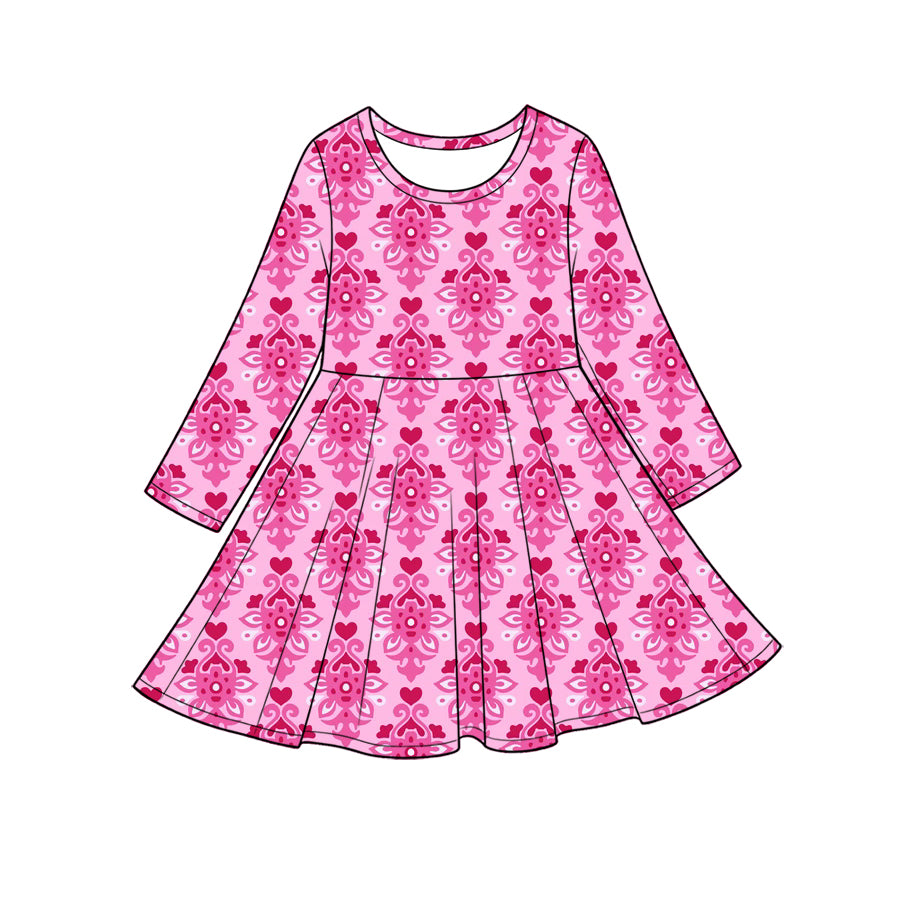 Preorder (moq 5) Baby Girl Clothes Damask Heart Allover Print Long Sleeve Twirl Dress