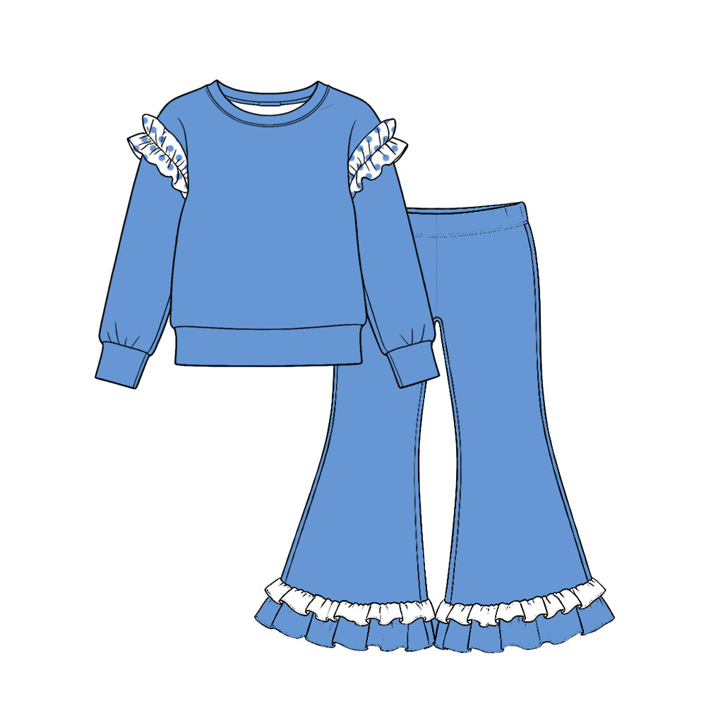Preorder (moq 5) Baby Girl Clothes Medium Blue White Polka Dot Ruffle Sleeve Long Sleeve Flare Pant Set