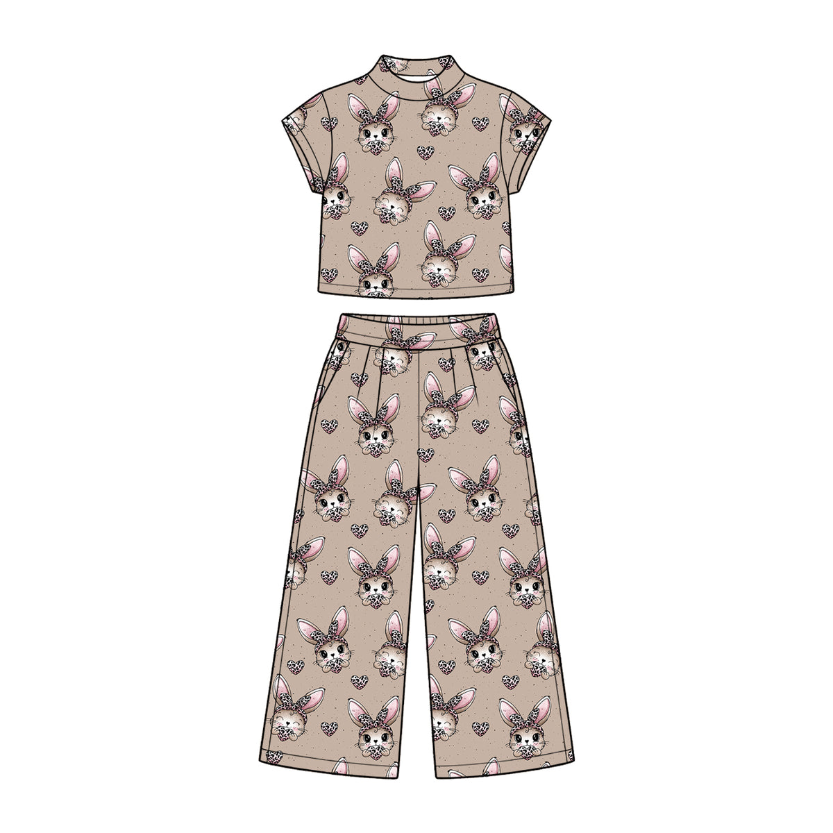 Preorder (moq 5) Baby Girl Clothes Easter Leopard Bow Bunny Heart Print Short Sleeve Wide Leg Pant Set