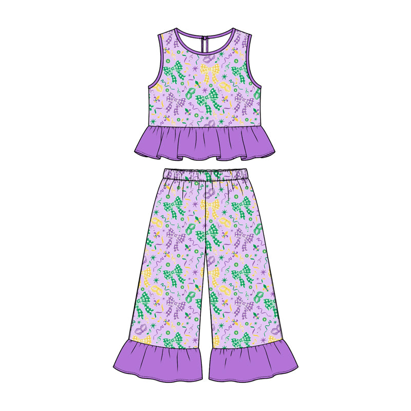 Preorder (moq 5) Baby Girl Clothes Mardi Gras Bow Confetti Mixed Print Sleeveless Ruffle Flare Pant Set