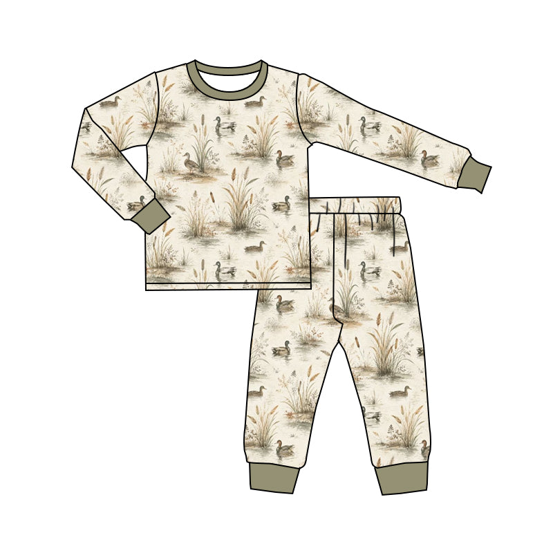 Preorder (moq 5) Baby Boy Clothes Vintage Mallard Duck Pond Reeds Print Long Sleeve Jogger Pant Set