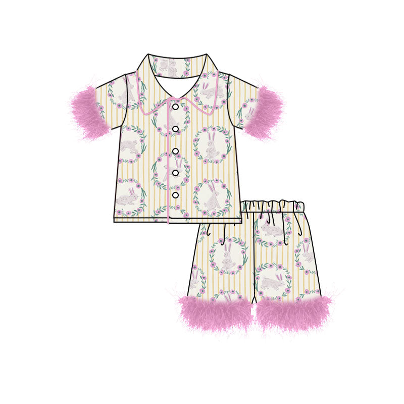 Preorder (moq 5) Baby Girl Clothes Easter Bunny Floral Wreath Stripe Print Feather Trim Short Sleeve Pajama Set