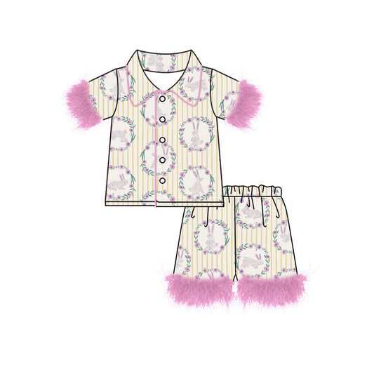 Preorder (moq 5) Baby Girl Clothes Easter Bunny Floral Wreath Stripe Print Feather Trim Short Sleeve Pajama Set