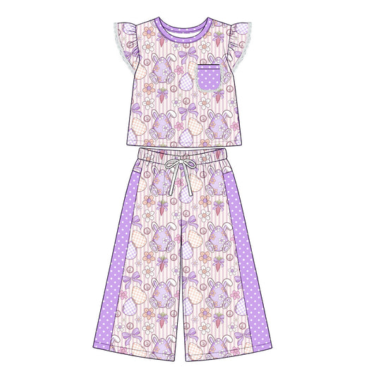 Preorder (moq 5) Baby Girl Clothes Easter Bunny Egg Bow Stripe Print Short Flutter Sleeve Top Wide Leg Pants Outfit Set