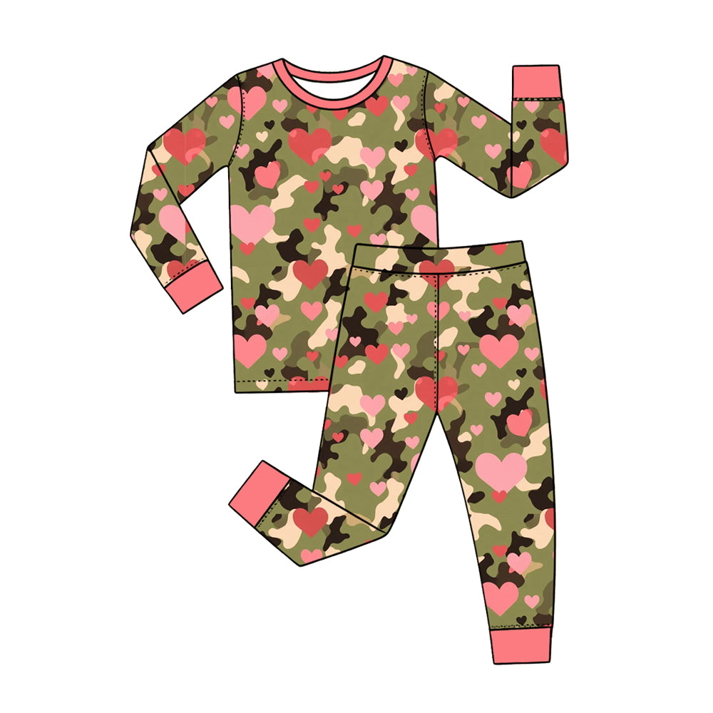 Preorder (moq 5) Baby Girl Clothes Camo Pink Heart Mixed Print Long Sleeve Pajama Pant Set
