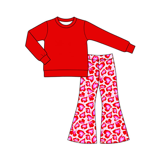 Preorder (moq 5) Baby Girl Clothes Valentine Red Heart Leopard Print Long Sleeve Top Flare Pant Set