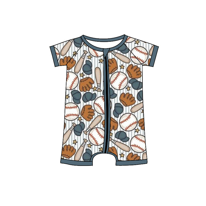 Preorder (moq 5) Baby Boy Romper Striped Background Baseball Equipment Print Short Sleeve Zipper Romper