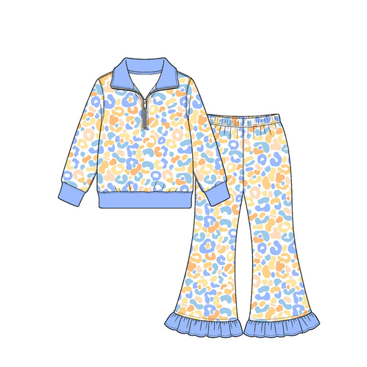 Preorder (moq 5) Baby Girl Clothes Blue Trim Pastel Leopard Print Long Sleeve Half Zip Top Ruffle Flare Pant Set