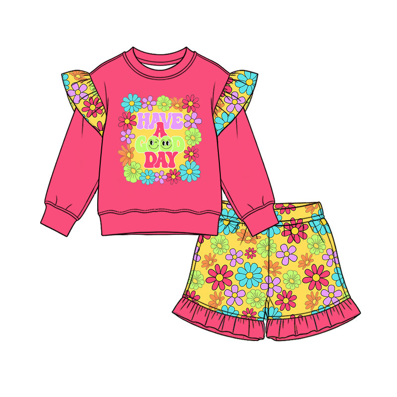 Preorder (moq 5) Girls Outfit Have A Good Day Floral Ruffle Long Sleeve Top Floral Ruffle Shorts Set