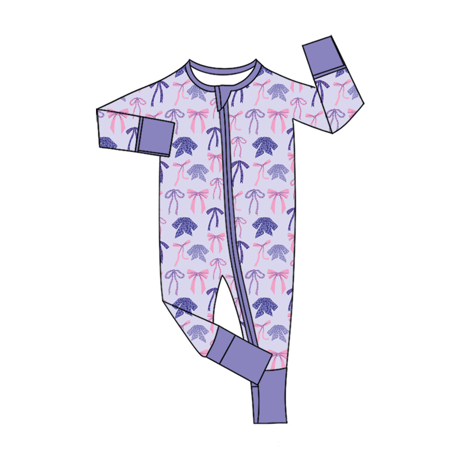 Preorder (moq 5) Baby Girl Clothes Purple Pink Leopard Bow Print Long Sleeve Zipper Jumpsuit
