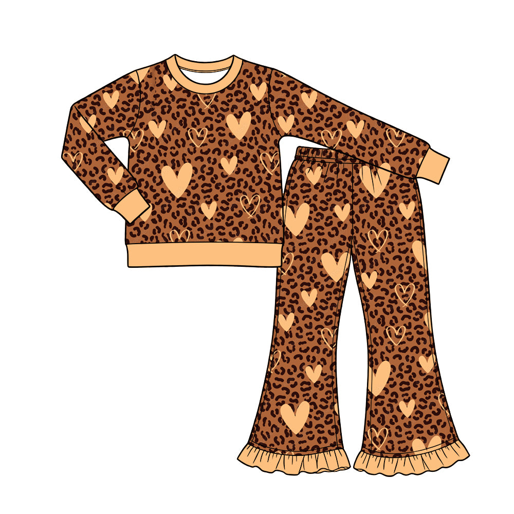 Preorder (moq 5) Baby Girl Clothes Valentine Brown Leopard Beige Heart Print Long Sleeve Ruffle Flare Pant Set