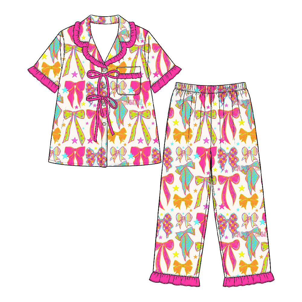Preorder (moq 5) Baby Girl Clothes Bright Neon Bow Star Mixed Print Short Sleeve Ruffle Pajama Set