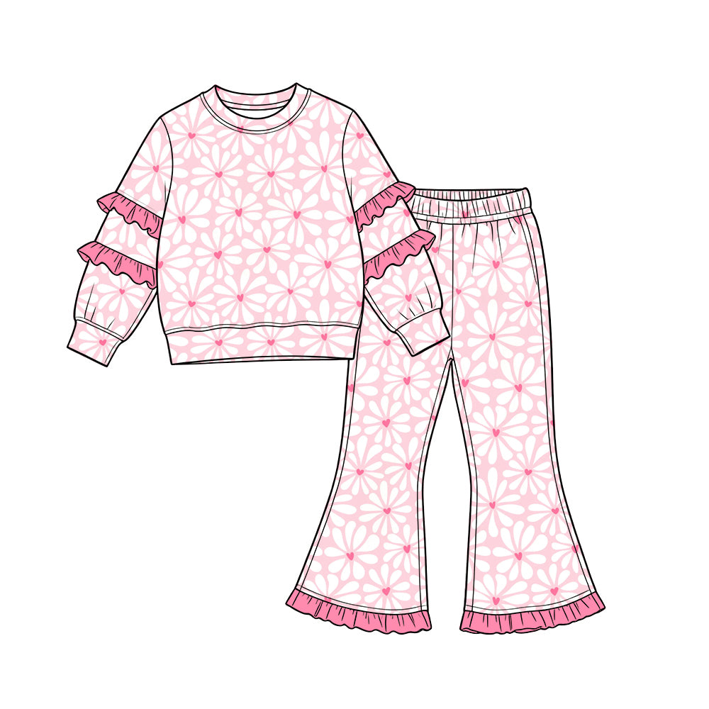Preorder (moq 5) Baby Girl Clothes Daisy Heart Allover Print Long Sleeve Ruffle Sleeve Flare Pant Set