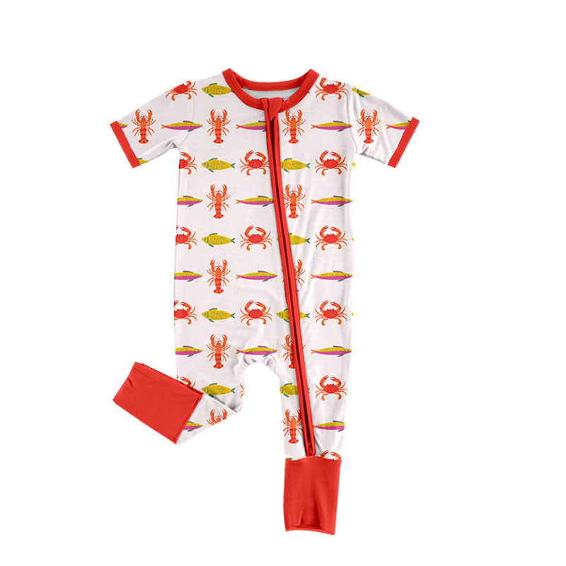 Preorder (moq 5) Baby Boy Clothes Crayfish Fish Allover Print Short Sleeve Zipper Baby Romper