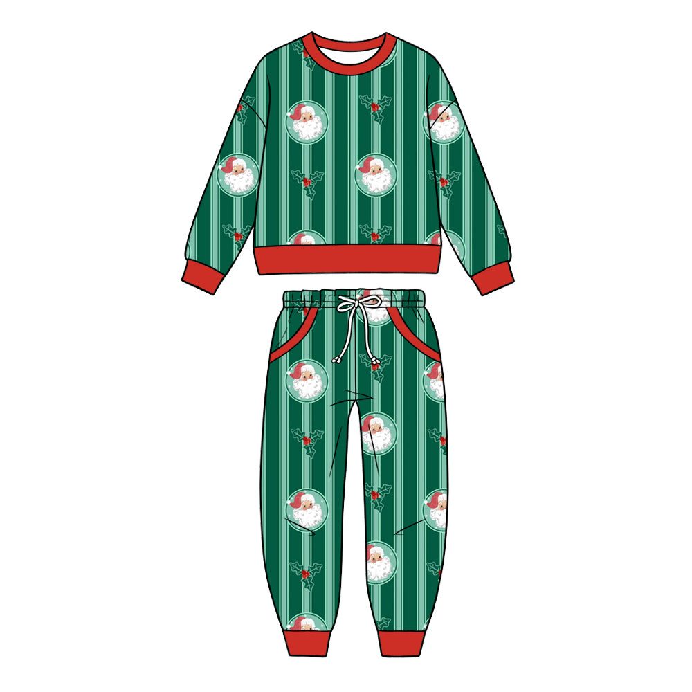 Preorder (moq 5) Baby Girl Clothes Christmas Santa Holly Stripe Mixed Print Long Sleeve Jogger Pant Set