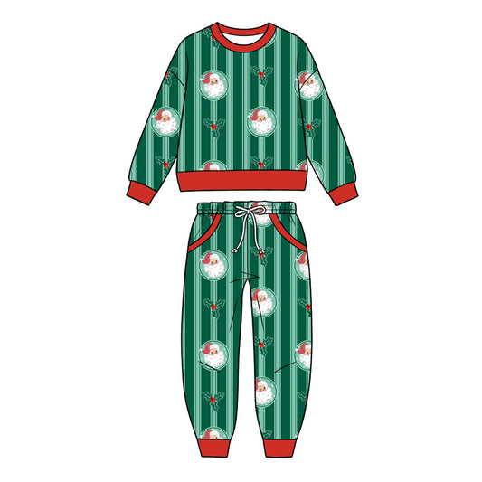 Preorder (moq 5) Baby Girl Clothes Christmas Santa Holly Stripe Mixed Print Long Sleeve Jogger Pant Set