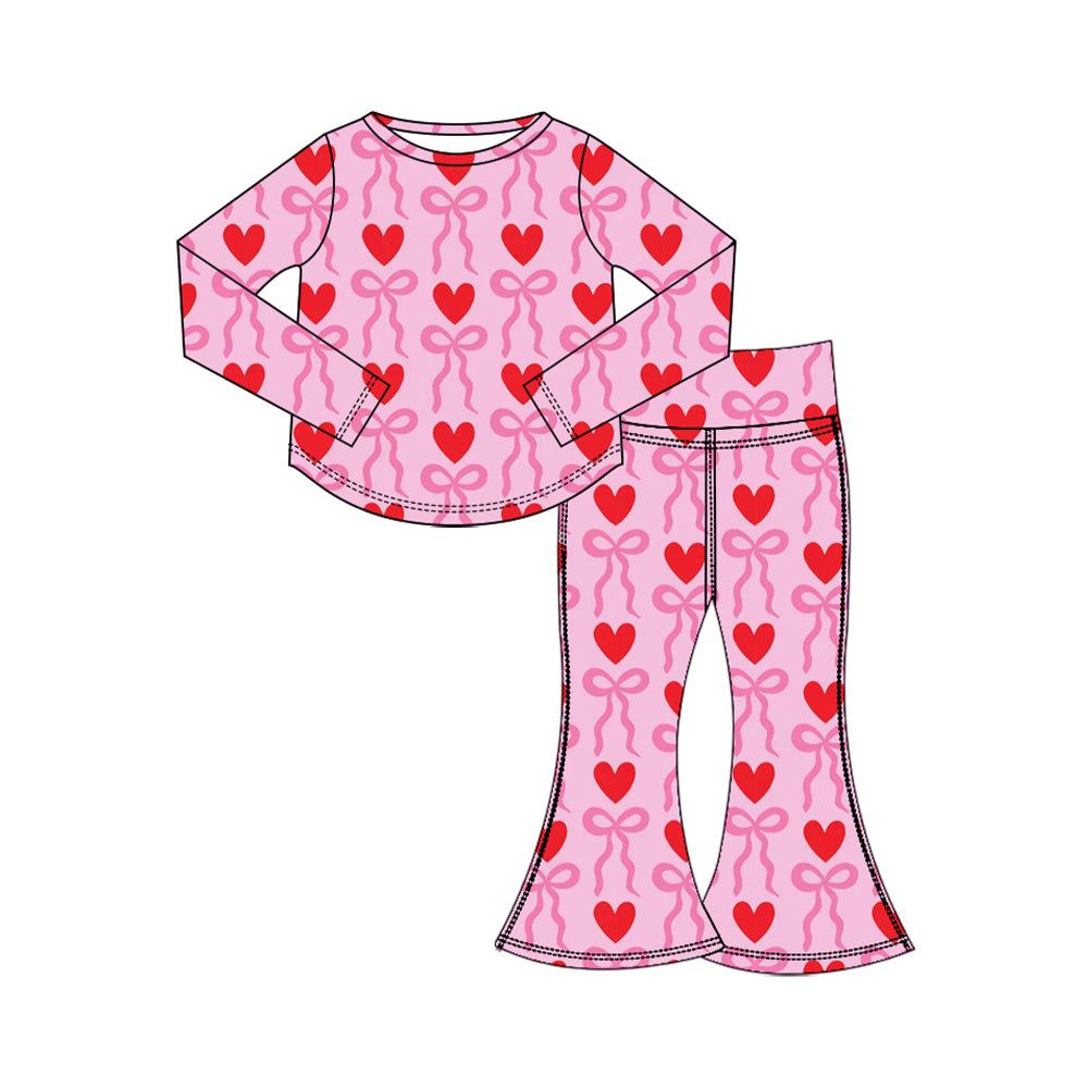 Preorder (moq 5) Baby Girl Clothes Valentines Heart Bow Mixed Print Long Sleeve Flare Pant Set