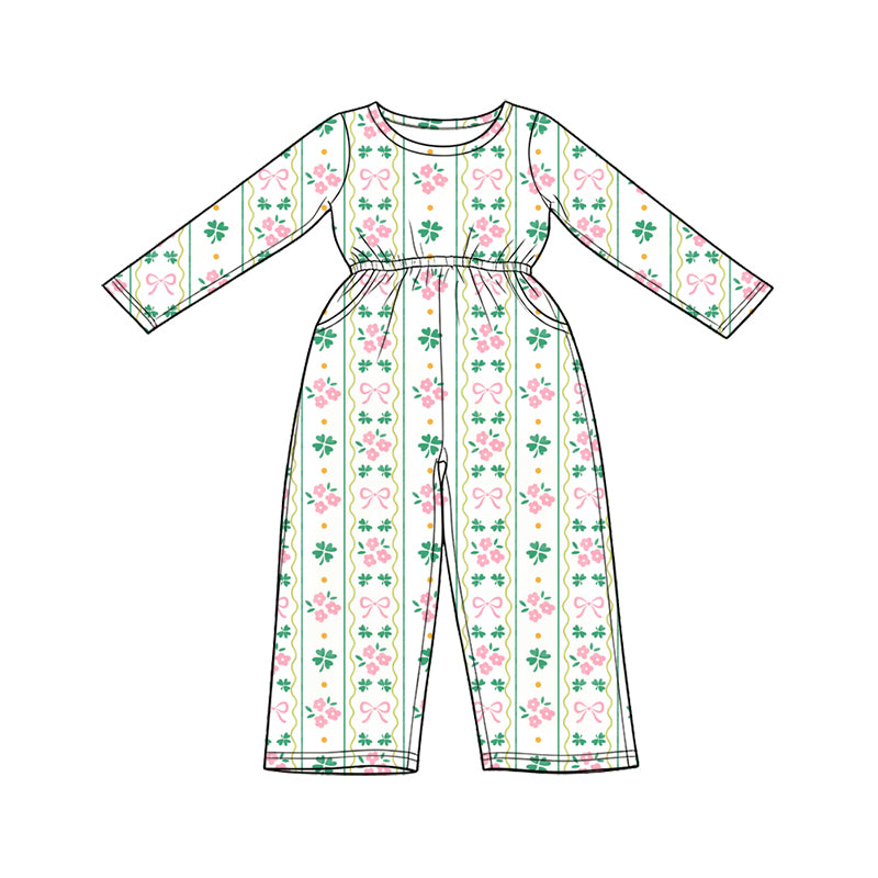 Preorder (moq 5) Baby Girl Clothes St Patricks Day Clover Floral Bow Stripe Print Long Sleeve Waist Jumpsuit