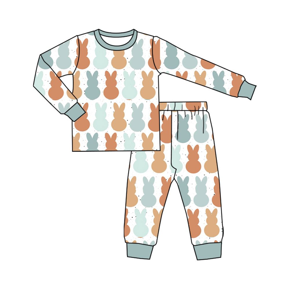 Preorder (moq 5) Baby Boy Clothes Easter Boho Bunny Silhouette Print Long Sleeve Pajama Set