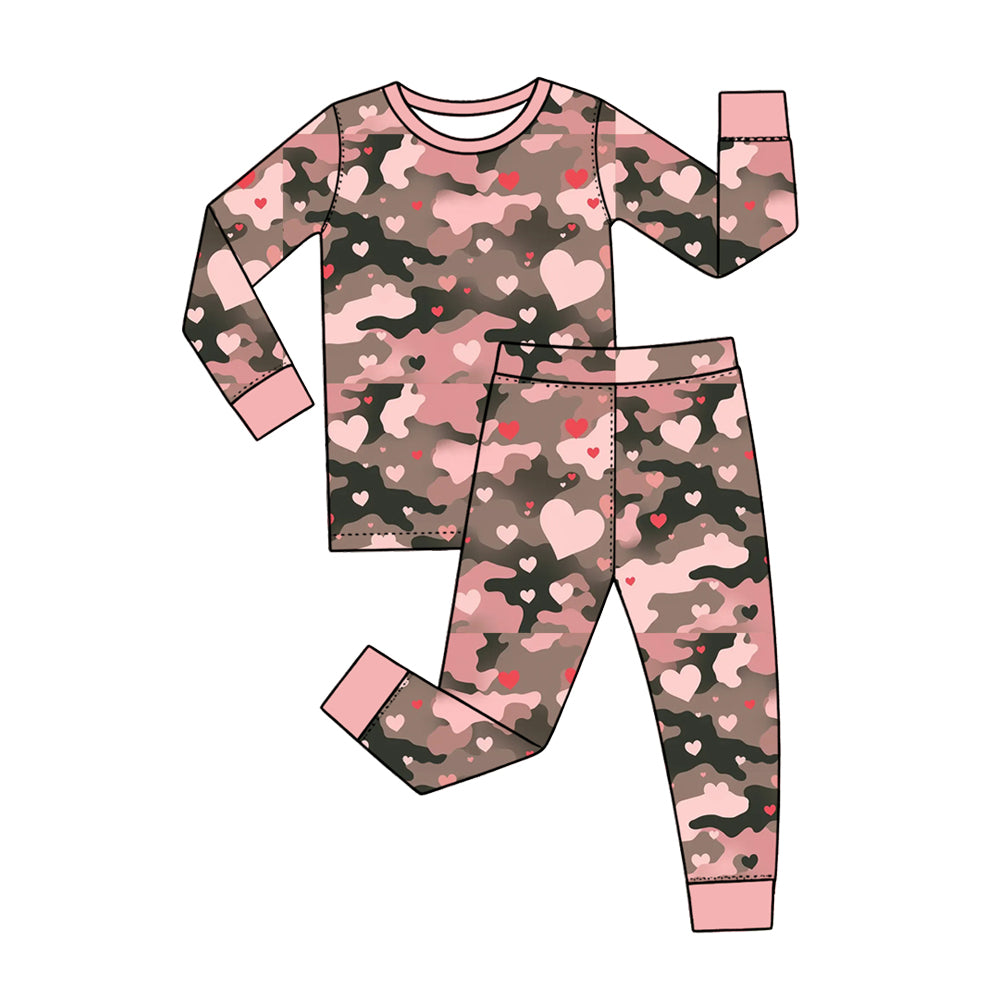 Preorder (moq 5) Baby Girl Clothes Grey Camo Pink Heart Mixed Print Long Sleeve Pajama Pant Set