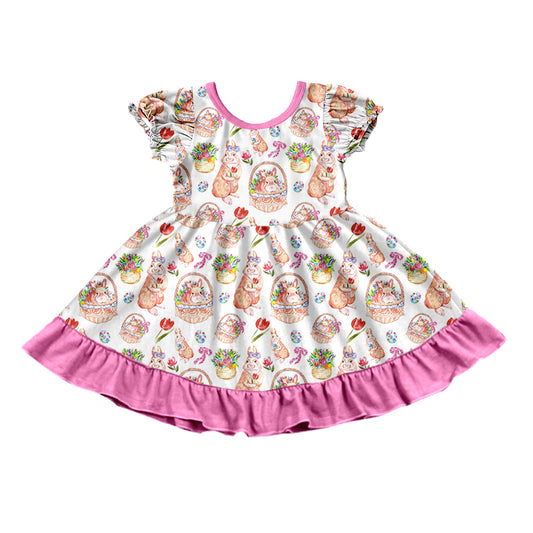 Preorder (moq 5) Baby Girl Clothes Easter Bunny Flower Basket Tulip Print Short Sleeve Ruffle Twirl Dress