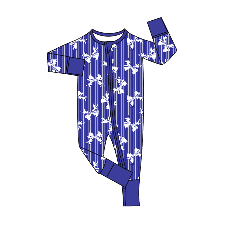 Preorder (moq 5) Baby Girl Clothes Blue Striped White Bow Print Long Sleeve Zipper Jumpsuit
