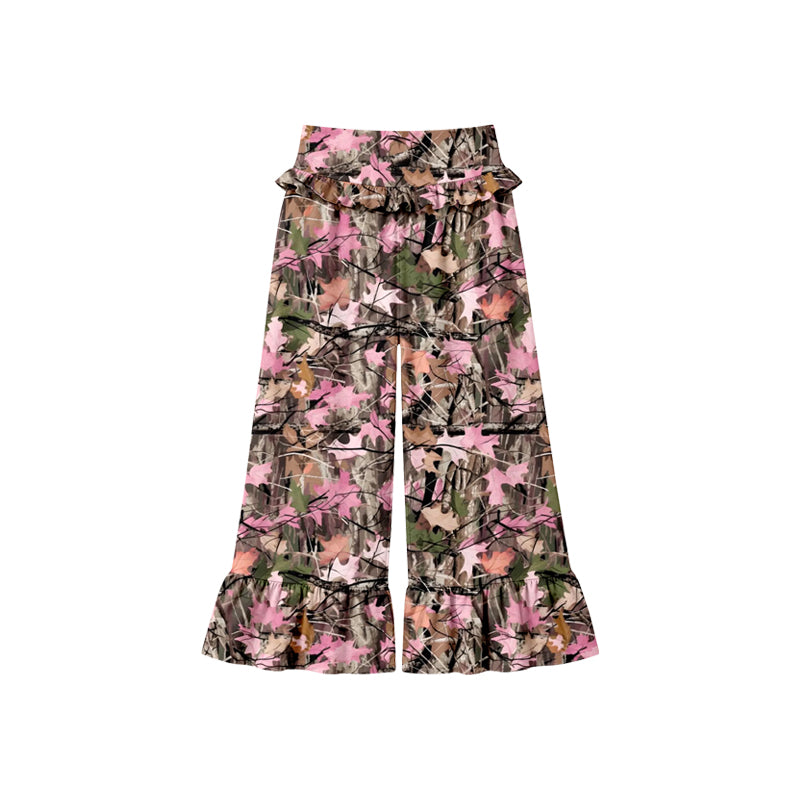 Preorder (moq 5) Baby Girl Clothes Pink Brown Leaf Camo Print Ruffle High Waist Flare Pant