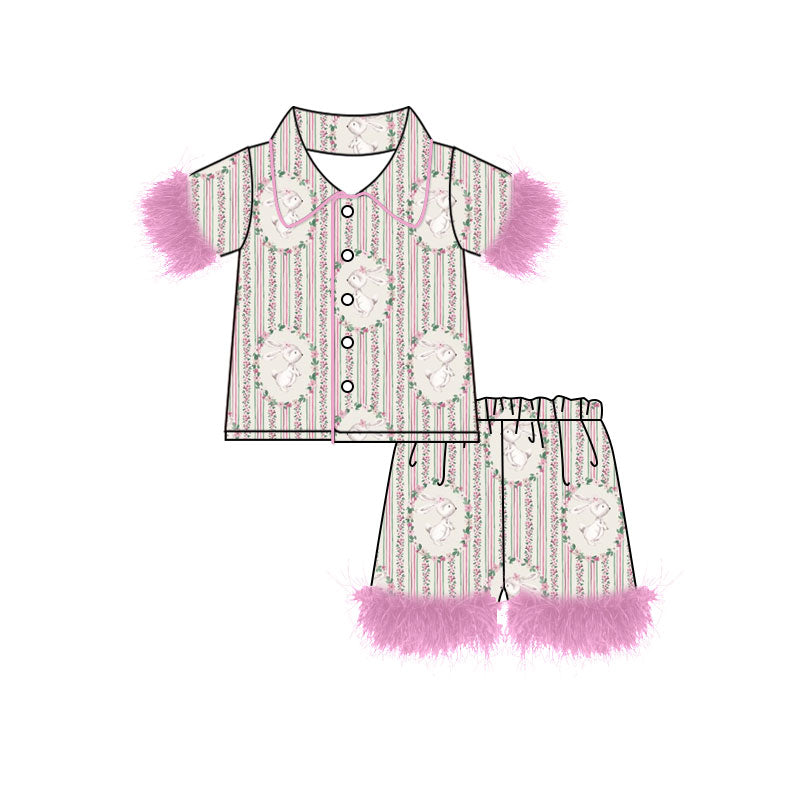 Preorder (moq 5) Baby Girl Clothes Easter Bunny Floral Circle Stripe Print Feather Trim Short Sleeve Pajama Set