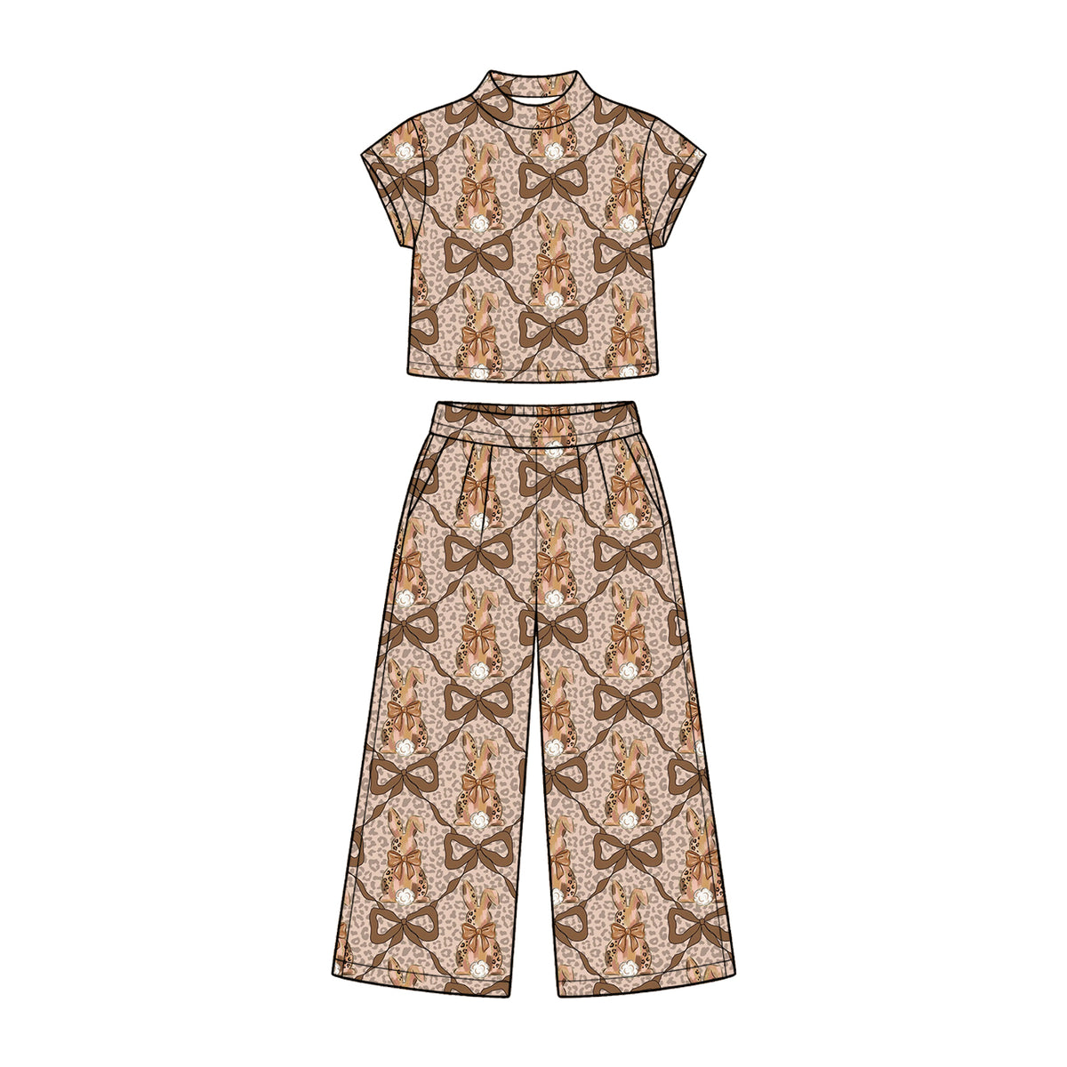 Preorder (moq 5) Baby Girl Clothes Easter Leopard Lattice Bunny Bow Pearl Print Short Sleeve Wide Leg Pant Set