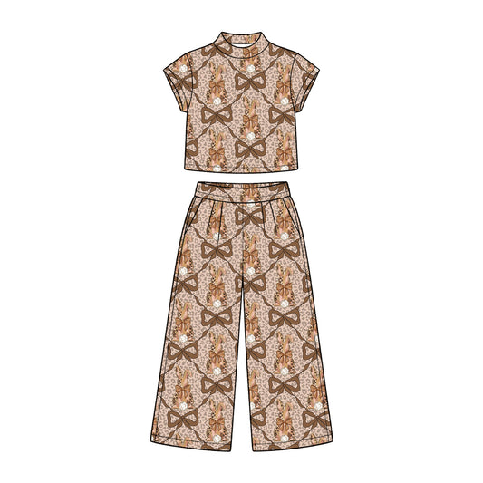 Preorder (moq 5) Baby Girl Clothes Easter Leopard Lattice Bunny Bow Pearl Print Short Sleeve Wide Leg Pant Set