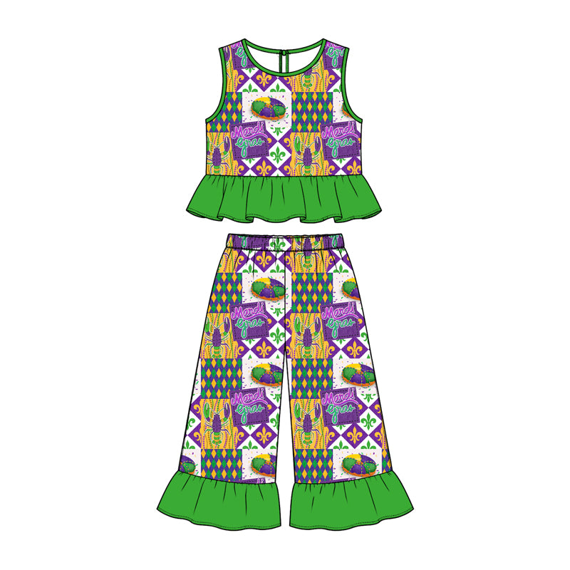 Preorder (moq 5) Baby Girl Clothes Mardi Gras Crawfish King Cake Diamond Mixed Print Sleeveless Ruffle Flare Pant Set