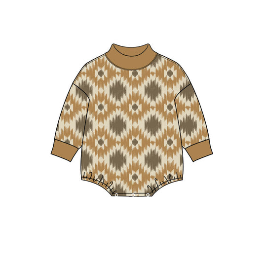 Preorder (moq 5) Baby Boy Clothes Khaki Ikat Southwest Print Long Sleeve Mock Neck Bubble Romper