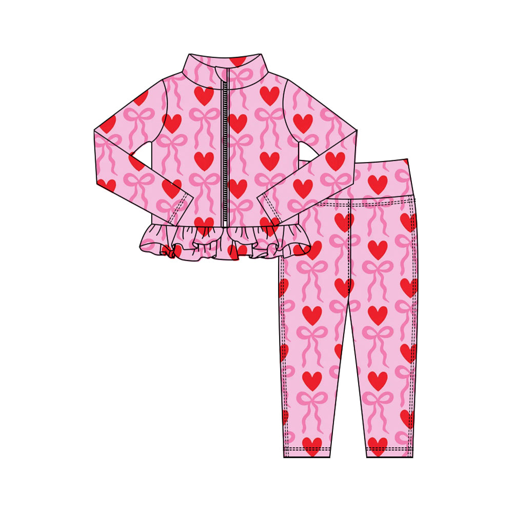Preorder (moq 5) Baby Girl Clothes Valentine Heart Bow Print Long Sleeve Zipper Ruffle Rash Guard Set
