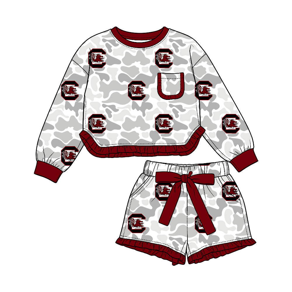 Preorder (moq 5) South Carolina Baby Girl Clothes Grey Camo Logo Print Long Sleeve Ruffle Top Ruffle Shorts Outfit Set