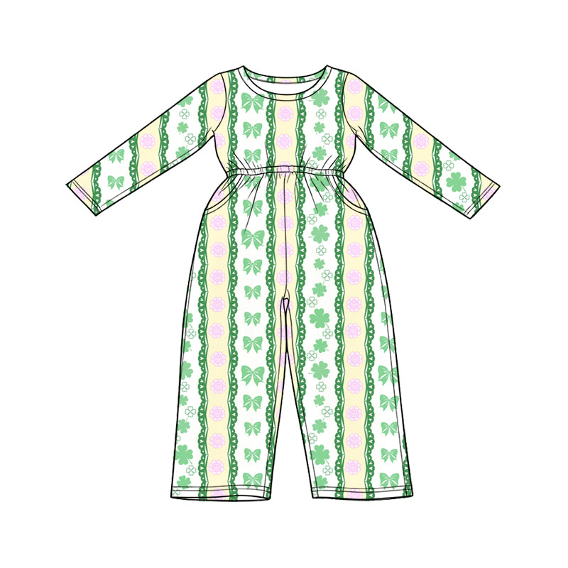 Preorder (moq 5) Baby Girl Clothes St Patricks Day Clover Bow Floral Vertical Stripe Print Long Sleeve Waist Jumpsuit