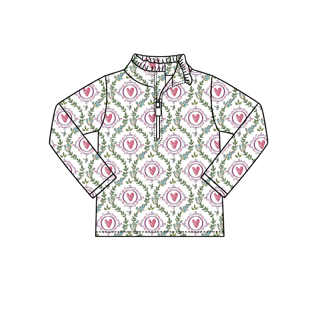 Preorder (moq 5) Baby Girl Clothes Vintage Wreath Heart Print Long Sleeve Half Zip Top