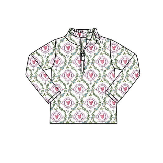Preorder (moq 5) Baby Girl Clothes Vintage Wreath Heart Print Long Sleeve Half Zip Top