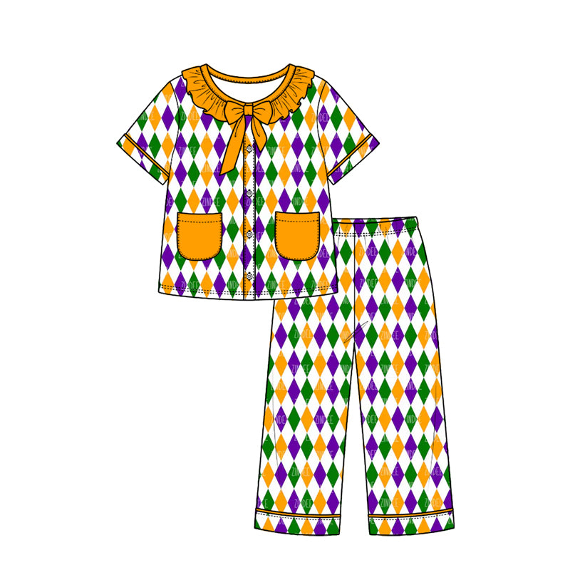 Preorder (moq 5) Girls Mardi Gras Pajamas Diamond Argyle Print Ruffle Collar Bow Short Sleeve Top Long Pants Set