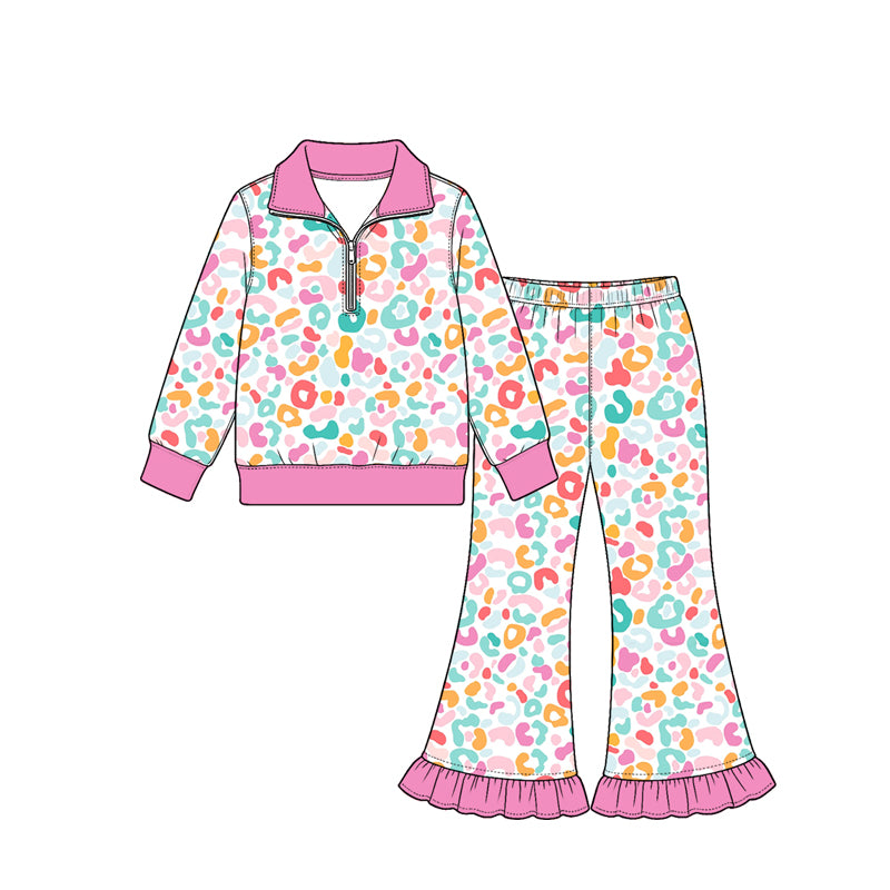 Preorder (moq 5) Baby Girl Clothes Pink Trim Bright Leopard Print Long Sleeve Half Zip Top Ruffle Flare Pant Set