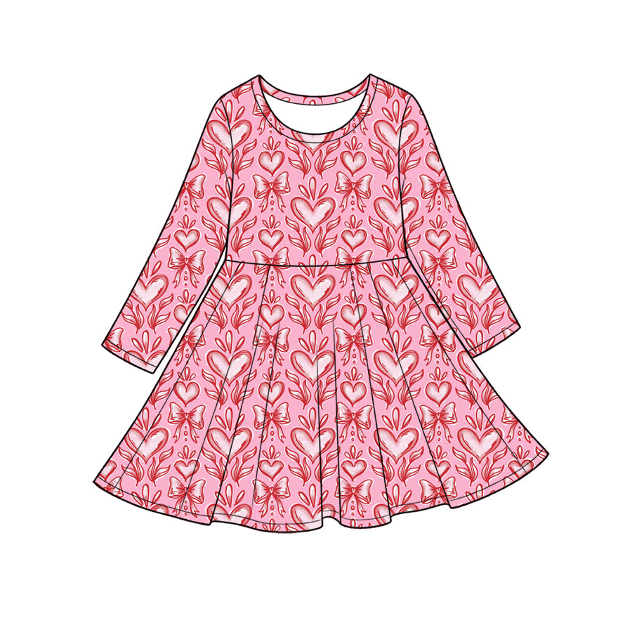 Preorder (moq 5) Baby Girl Clothes Vintage Heart Bow Damask Mixed Print Long Sleeve Twirl Dress