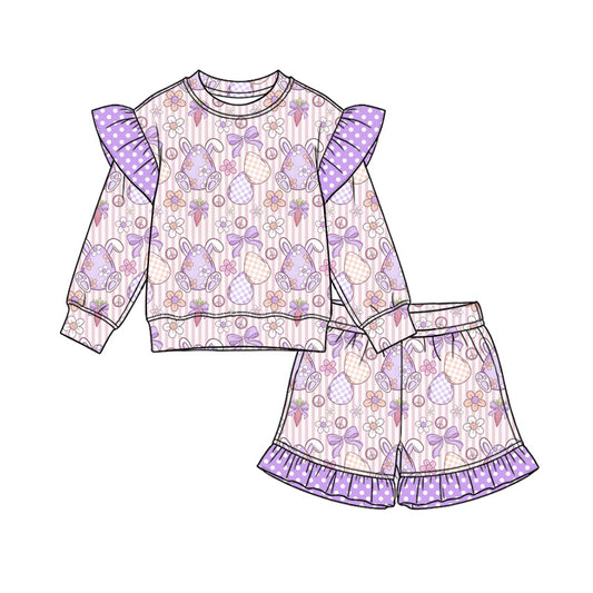 Preorder (moq 5) Baby Girl Clothes Easter Bunny Egg Bow Stripe Print Long Sleeve Ruffle Top Ruffle Shorts Outfit Set