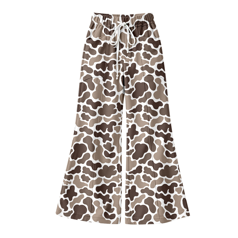 Preorder (moq 5) Women Clothes White Brown Cow Camo Allover Print High Waist Drawstring Flare Pants