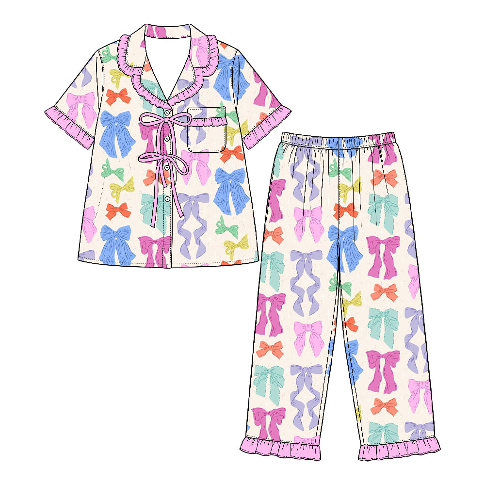 Preorder (moq 5) Baby Girl Clothes Pastel Multi Color Bow Mixed Print Short Sleeve Ruffle Pajama Set